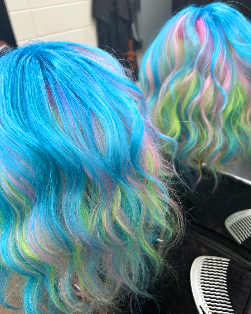 Blue, pink, and green pastel blend on waves, mannequin