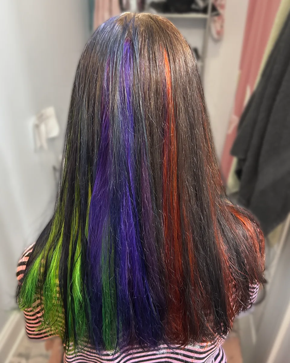 Green, violet, and orange sectioning on brown, full back